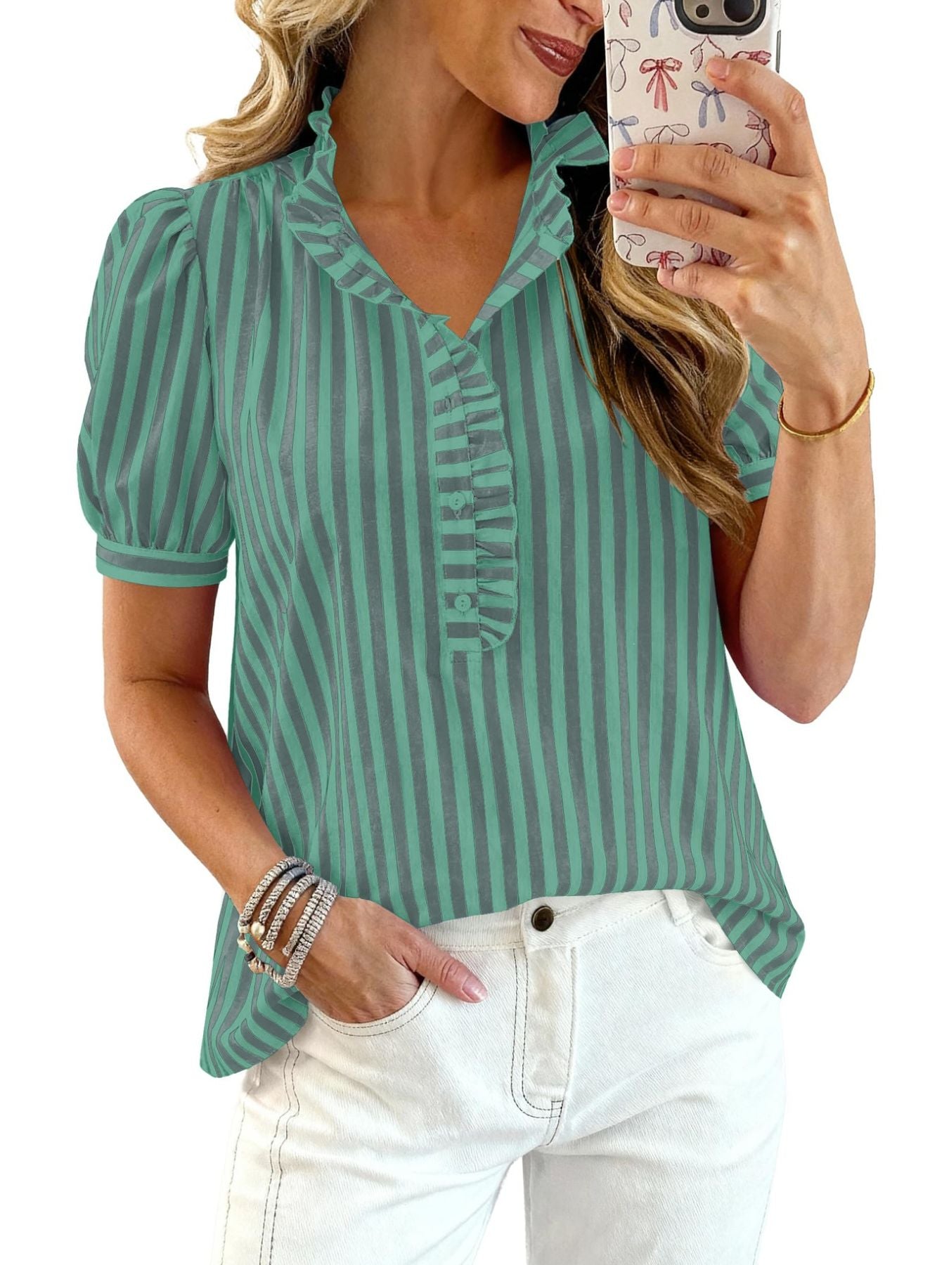 Ruffled puff sleeve blouse in light green and gray stripes with button-down front.