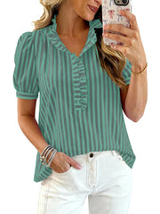 Ruffled puff sleeve blouse in light green and gray stripes with button-down front.