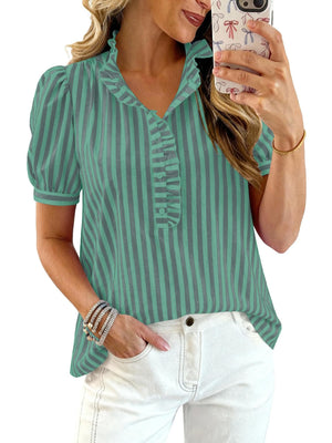 Ruffled puff sleeve blouse in light green and gray stripes with button-down front.