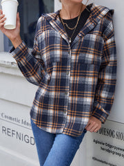 Plaid hooded shacket in navy and brown with button front and relaxed fit.