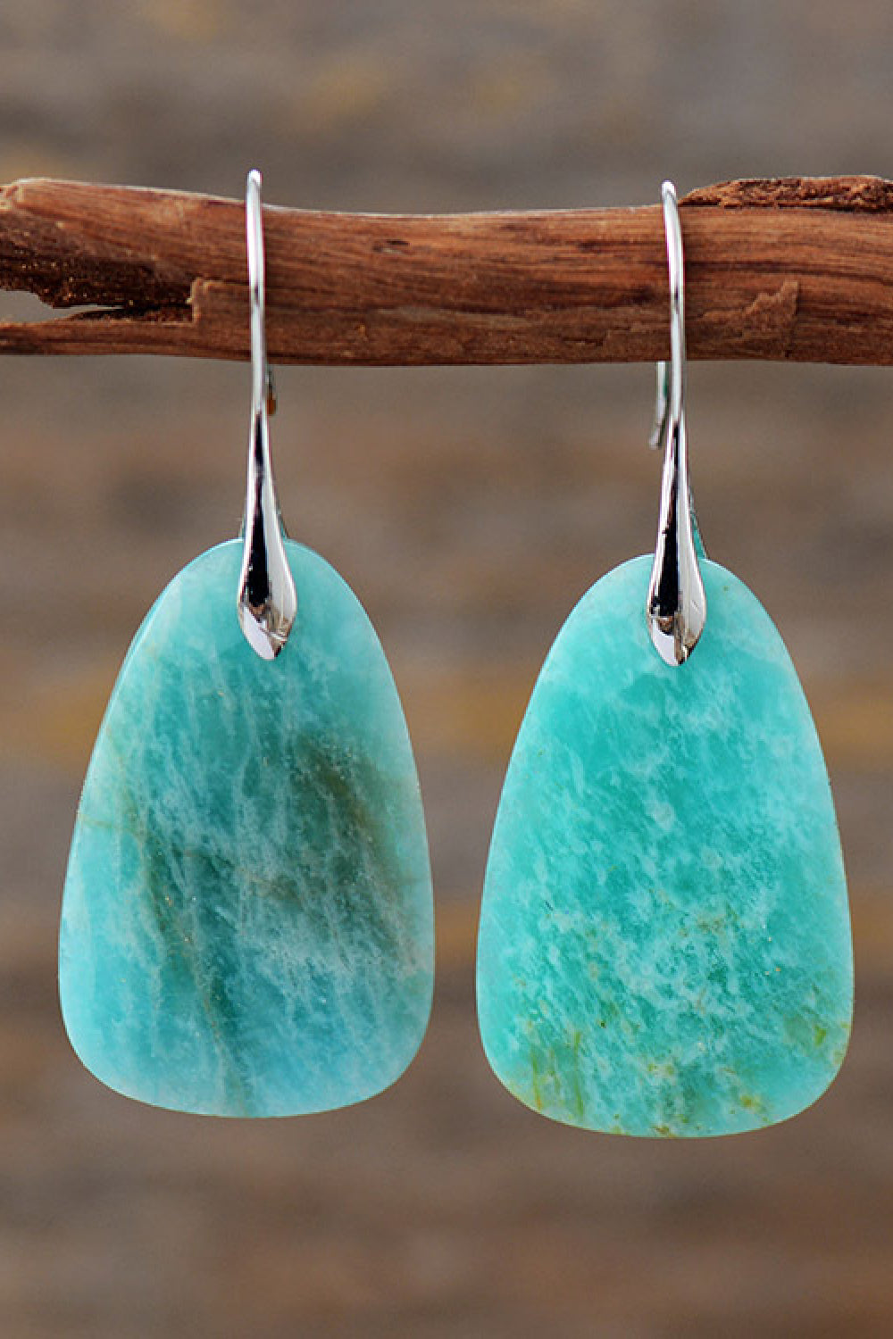 Amazonite teardrop dangle earrings in aqua with natural stone variations.