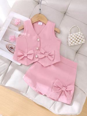 Children's Bow Button Up Vest And Skirt Set in Pink, front view