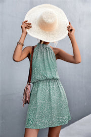 Yellow Green floral halter neck mini dress with elastic waist