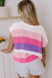 Colorblock knit polo top with short sleeves in pink, purple, and white stripes.