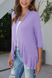 Lavender cardigan with asymmetrical ruffle hem and 3/4 sleeves