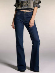 Dark wash cotton bootcut maternity jeans with a high waist and button closure.