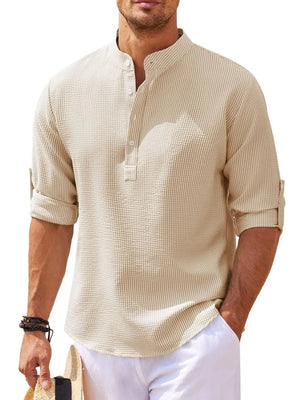Khaki textured henley shirt with roll-up sleeves and button detail.