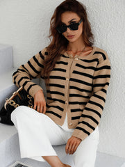 Khaki and black horizontal stripe knit cardigan with button front and pockets.