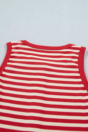 Red and cream striped ribbed knit tank top with red trim.