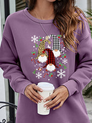 Dusty Purple sweatshirt tunic with festive gnome graphic, snowflakes, and candy canes.