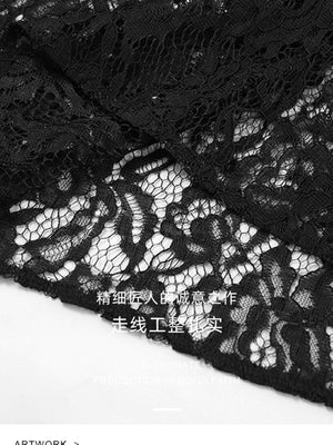 Black lace maxi skirt with intricate sheer floral detail and scalloped hem.