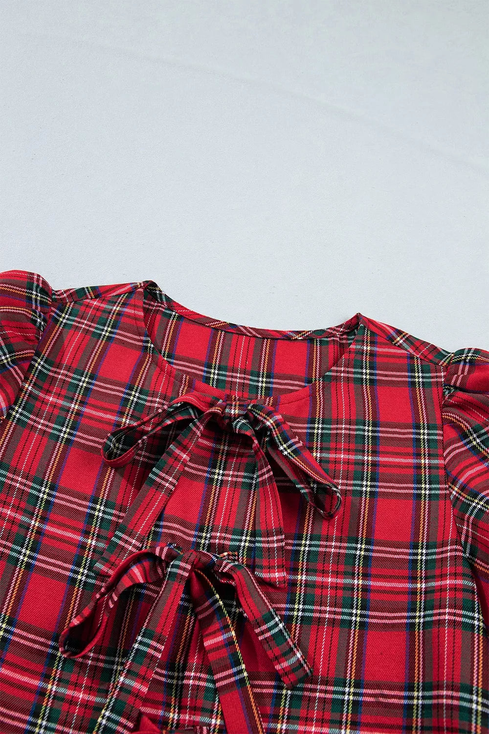 Plaid Knot Neck Short Sleeve Mini Dress in Burgundy, fabric detail