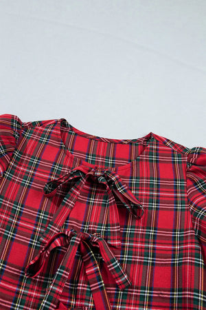 Plaid Knot Neck Short Sleeve Mini Dress in Burgundy, fabric detail