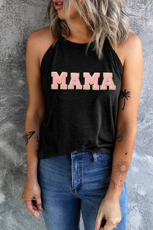 Black halter tank top with pink and gold "MAMA" graphic