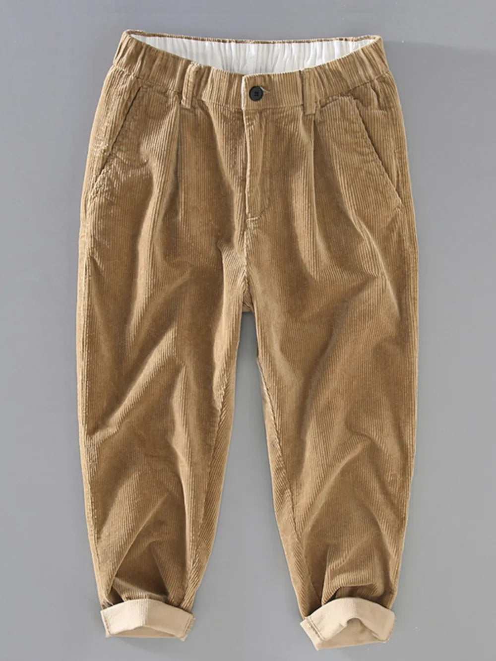 Khaki corduroy pleated casual pants with elastic waistband and cuffed hem