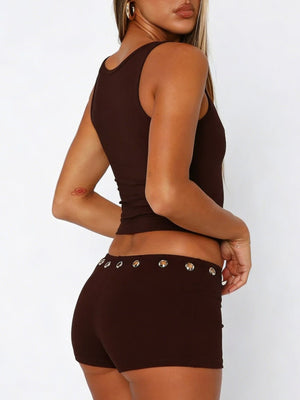 Brown ribbed tank top and shorts set with grommet detail on shorts