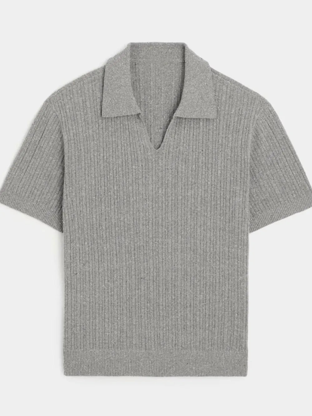 Gray ribbed knit polo shirt with Johnny collar and short sleeves