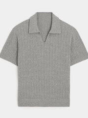 Gray ribbed knit polo shirt with Johnny collar and short sleeves