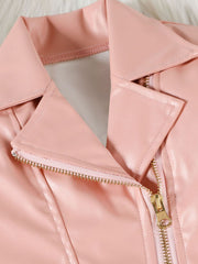 Pink faux leather baby jacket with gold zipper detail and lapel.