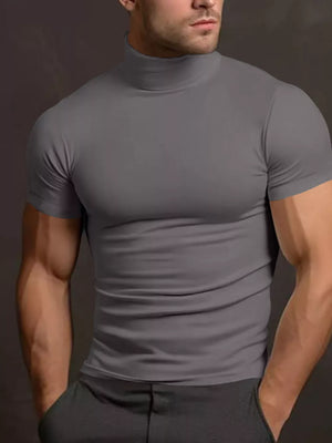 Men's Plus Size Short Sleeve Turtleneck T-shirt in Tan, close-up detail