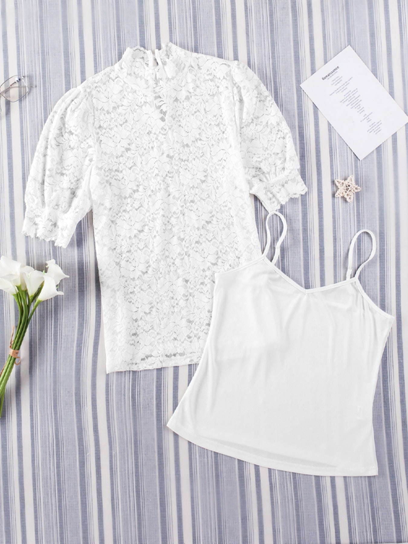 White lace short sleeve blouse with mock neck and camisole.