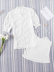 White lace short sleeve blouse with mock neck and camisole.