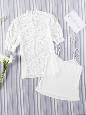 White lace short sleeve blouse with mock neck and camisole.