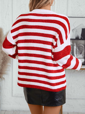 Bold Stripe Crewneck Sweater in Deep Red and White, knit casual top with crew neckline and long sleeves.