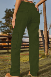 Army green denim cargo pants with multiple utility pockets and a relaxed fit.