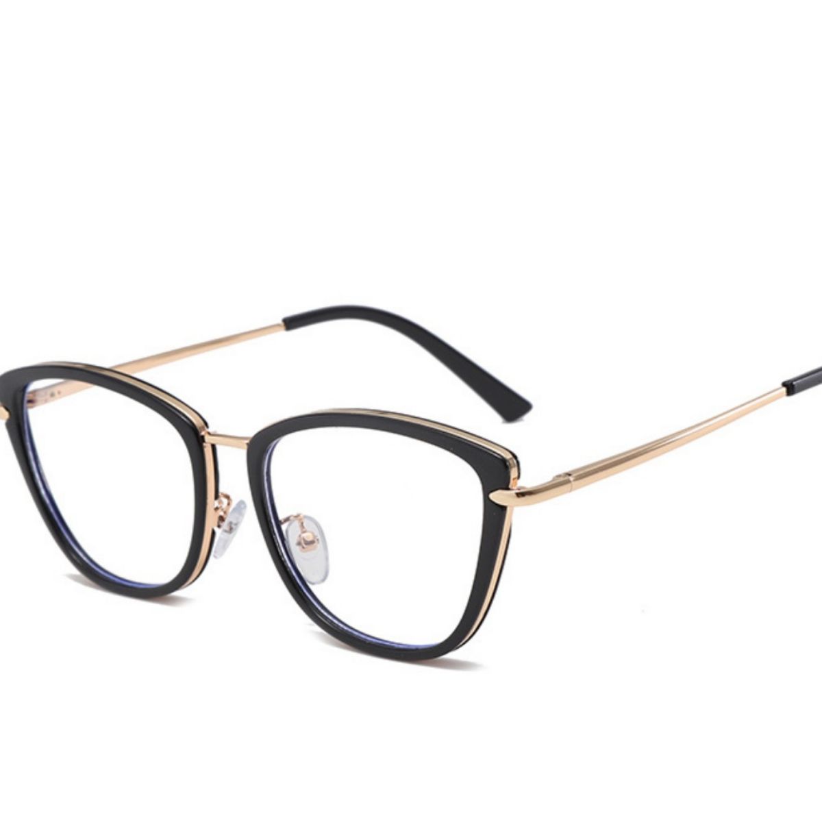 Black cat-eye glasses with gold metal accents and clear lenses