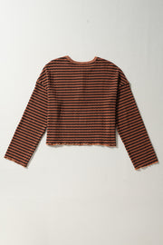 Textured henley stripe knit top in caramel with black stripes and lettuce hem detail.