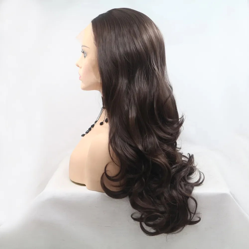 Brown lace front wig with cascading curls and a natural hairline.