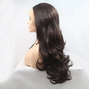 Brown lace front wig with cascading curls and a natural hairline.