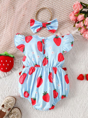 Baby girl's light blue cotton romper with strawberry print and ruffled sleeves, includes matching bow headband.