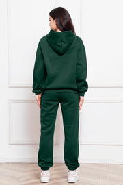 Dark Green relaxed hoodie and joggers set, casual loungewear with a drawstring hood.