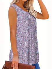 Floral print henley tank top in light purple with button detail and scoop neck.