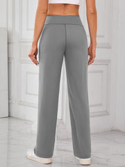 Gray wide-leg lounge trousers with a high waist and straight leg