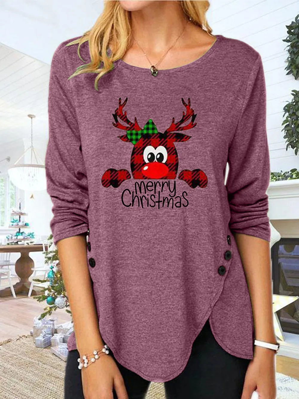 Asymmetrical long sleeve tee in Dusty Pink with reindeer graphic and button detail