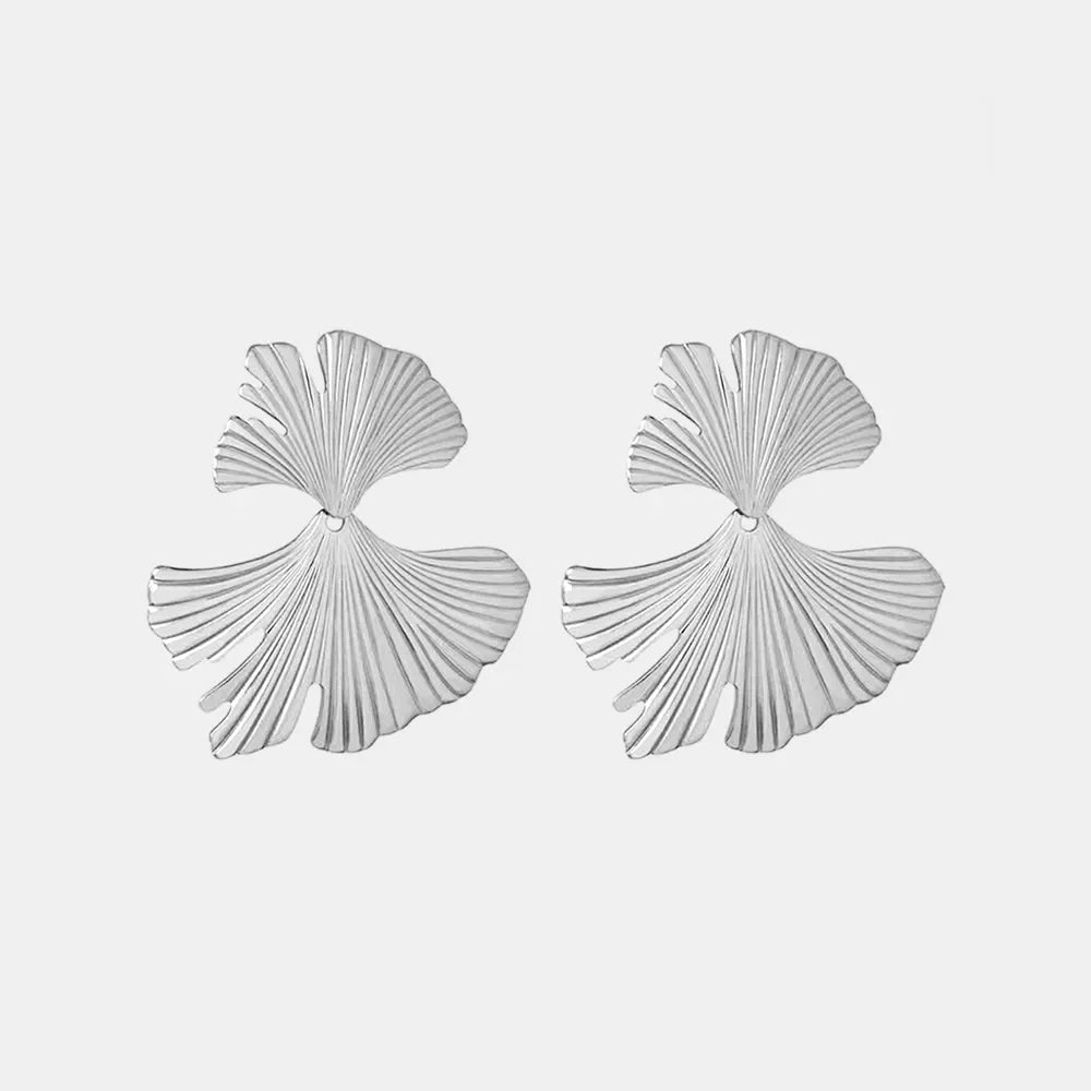 Silver Ginkgo leaf statement earrings with detailed veins, boho chic style.