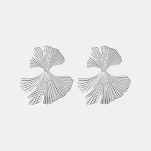 Silver Ginkgo leaf statement earrings with detailed veins, boho chic style.