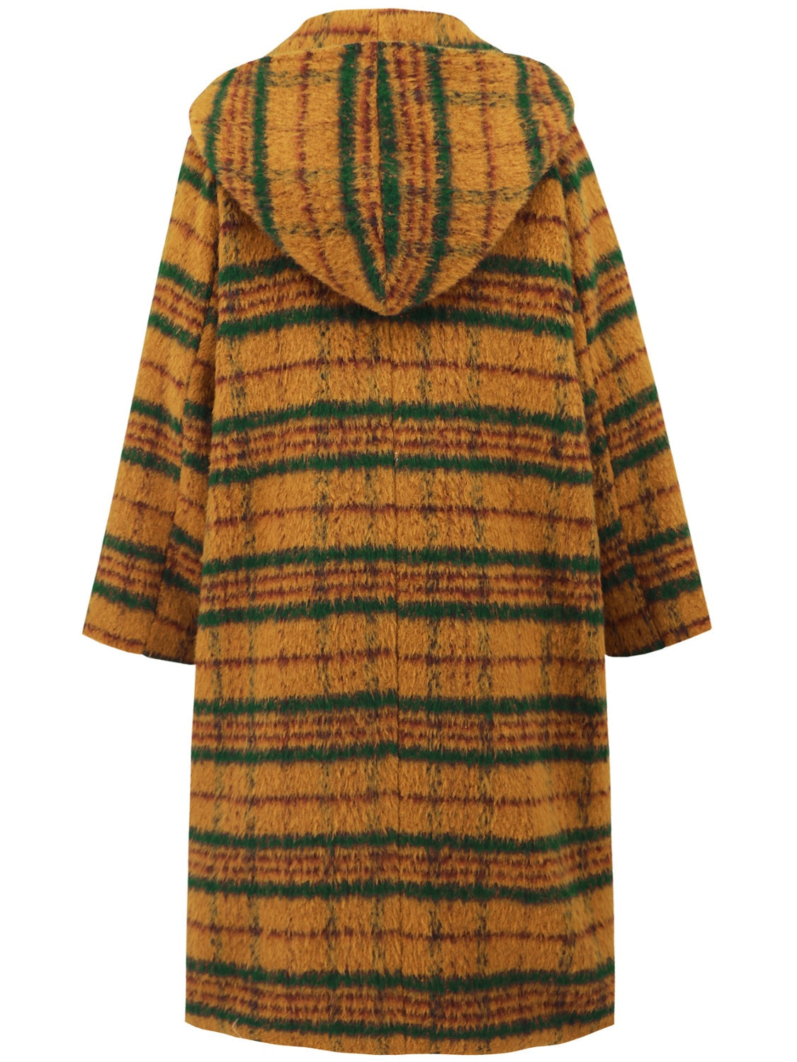 Tartan toggle hooded coat in mustard with green stripes, fuzzy texture, and a hood.