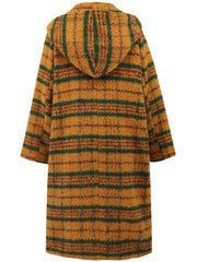 Tartan toggle hooded coat in mustard with green stripes, fuzzy texture, and a hood.