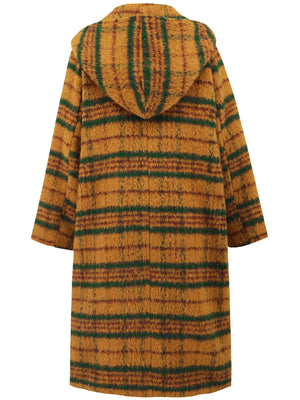 Tartan toggle hooded coat in mustard with green stripes, fuzzy texture, and a hood.