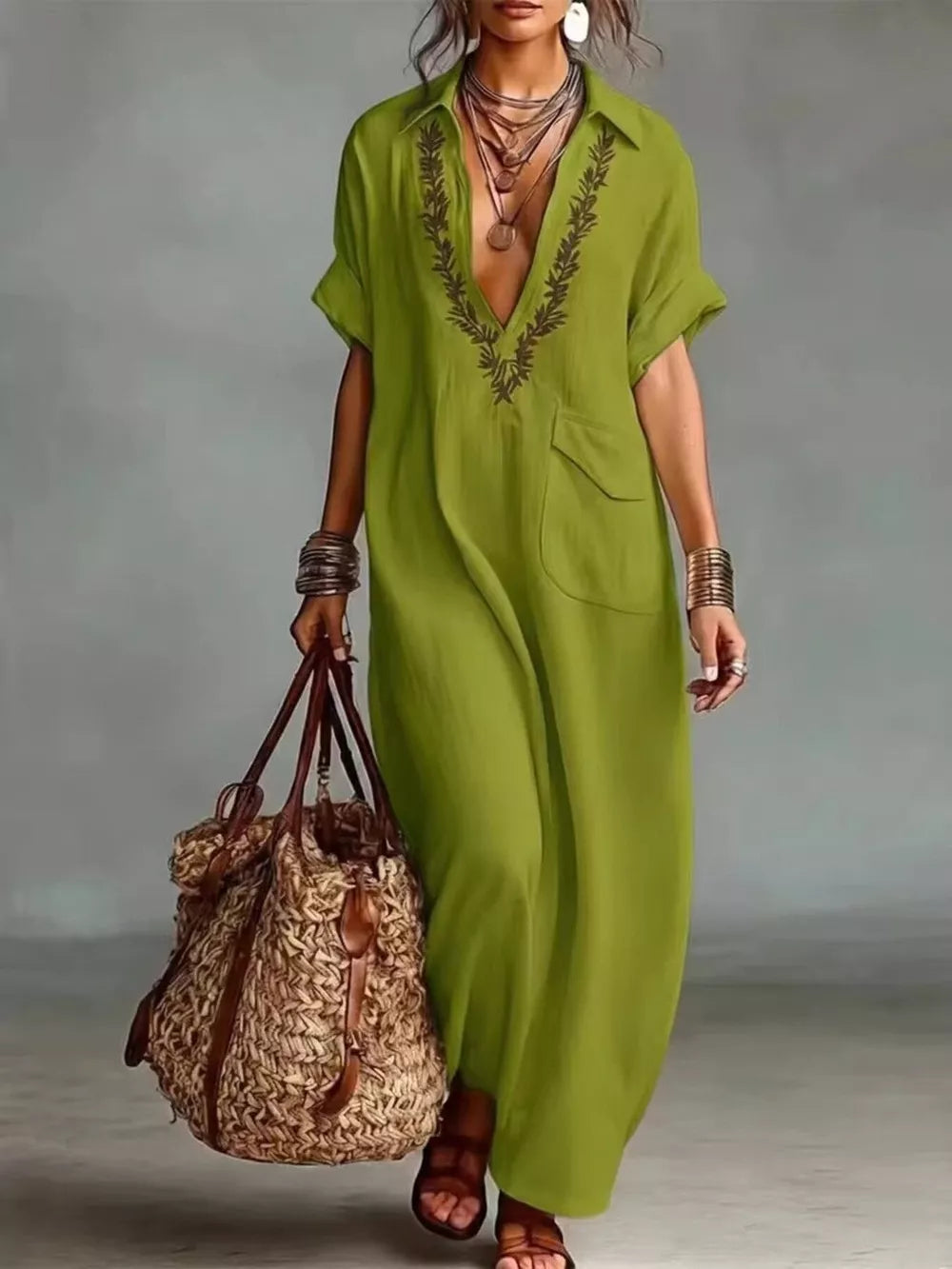 Full Size Bohemian Embroidered Maxi Dress in Black, fit detail