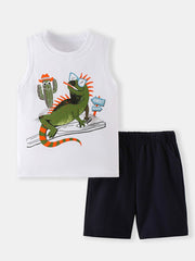 Toddler white cotton tank top with lizard graphic and navy shorts.