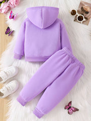 Lavender baby hoodie and pants set with ribbed cuffs and waistband.