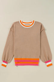 Colorblock trim balloon sleeve knit sweater in Dust Storm with orange and white neckline trim and striped hem.