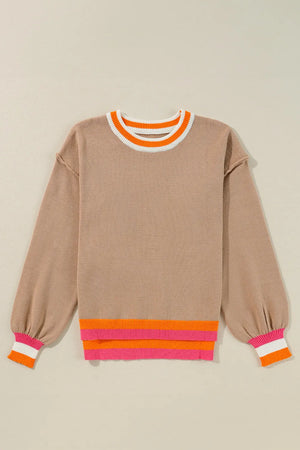 Colorblock trim balloon sleeve knit sweater in Dust Storm with orange and white neckline trim and striped hem.
