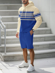 Men's blue and cream textured stripe hoodie and shorts set with drawstring.