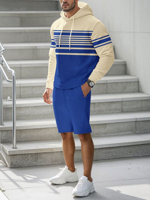 Men's blue and cream textured stripe hoodie and shorts set with drawstring.